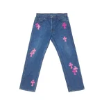 Chrome Hearts Blue Jeans With Pink Crosses
