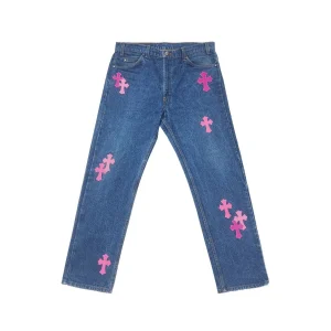Chrome Hearts Blue Jeans With Pink Crosses