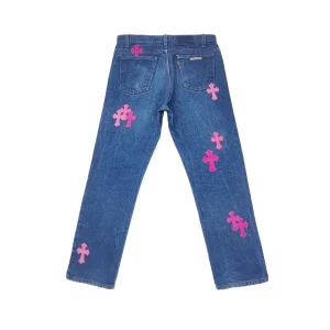 Chrome Hearts Blue Jeans With Pink Crosses